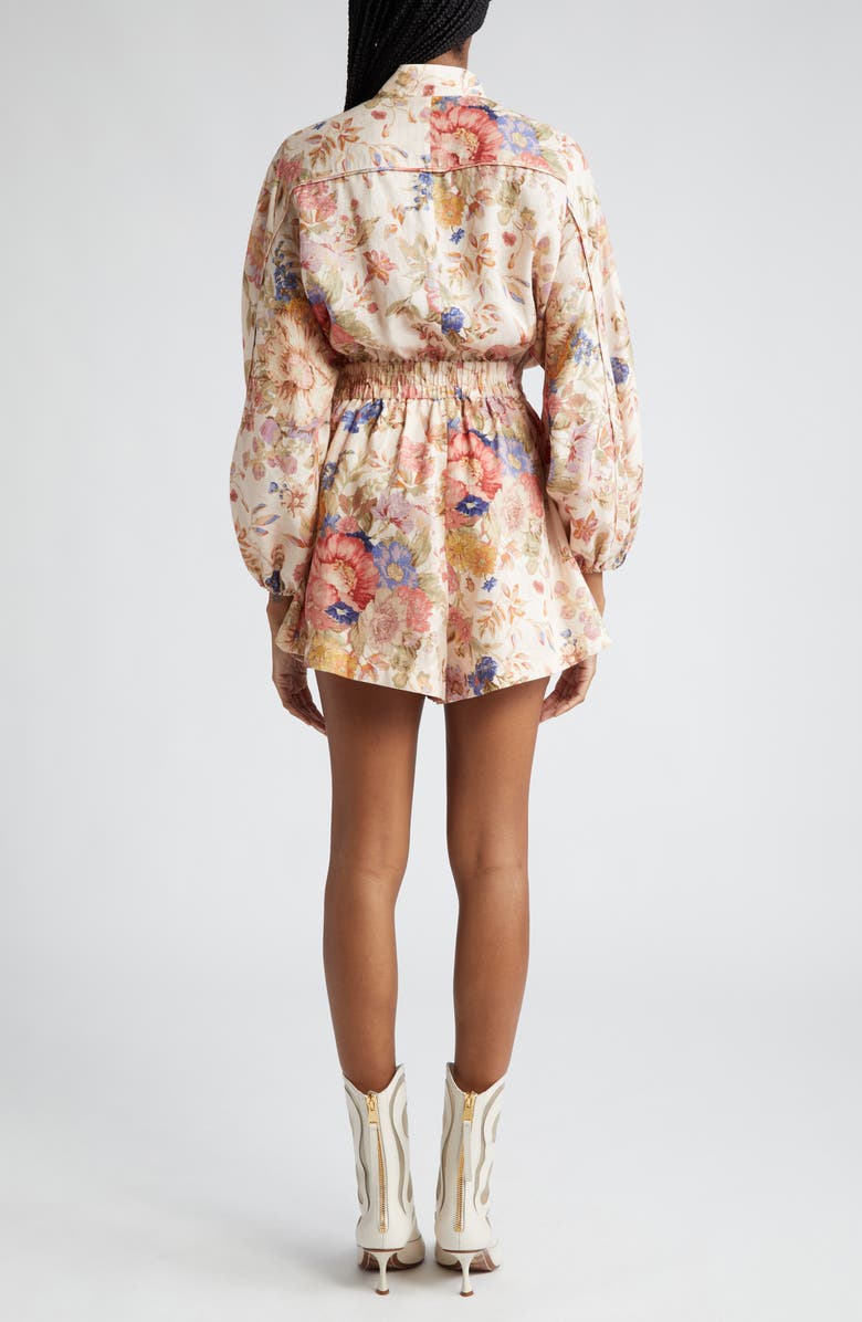 Zimmermann August Floral Print Belted Long Sleeve Linen Romper, Alternate, color, 