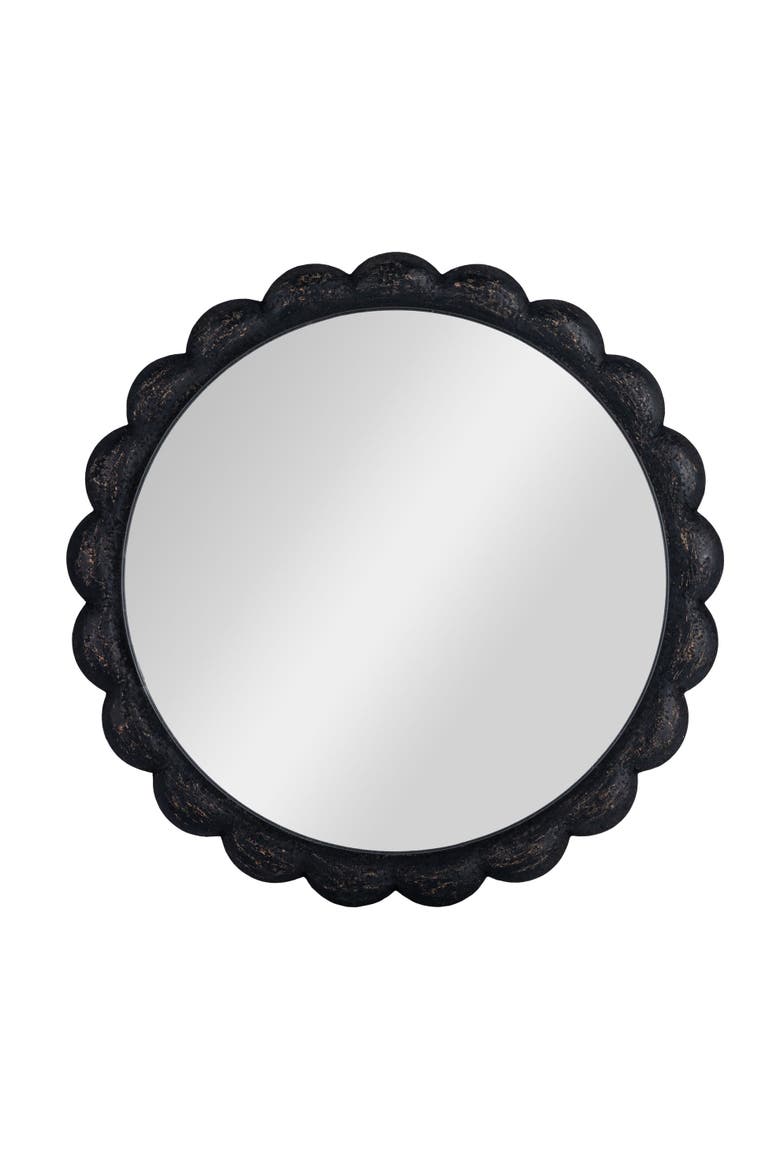 Round Scalloped Distressed Wood Wall Mirror, Black, Alternate, color, Black