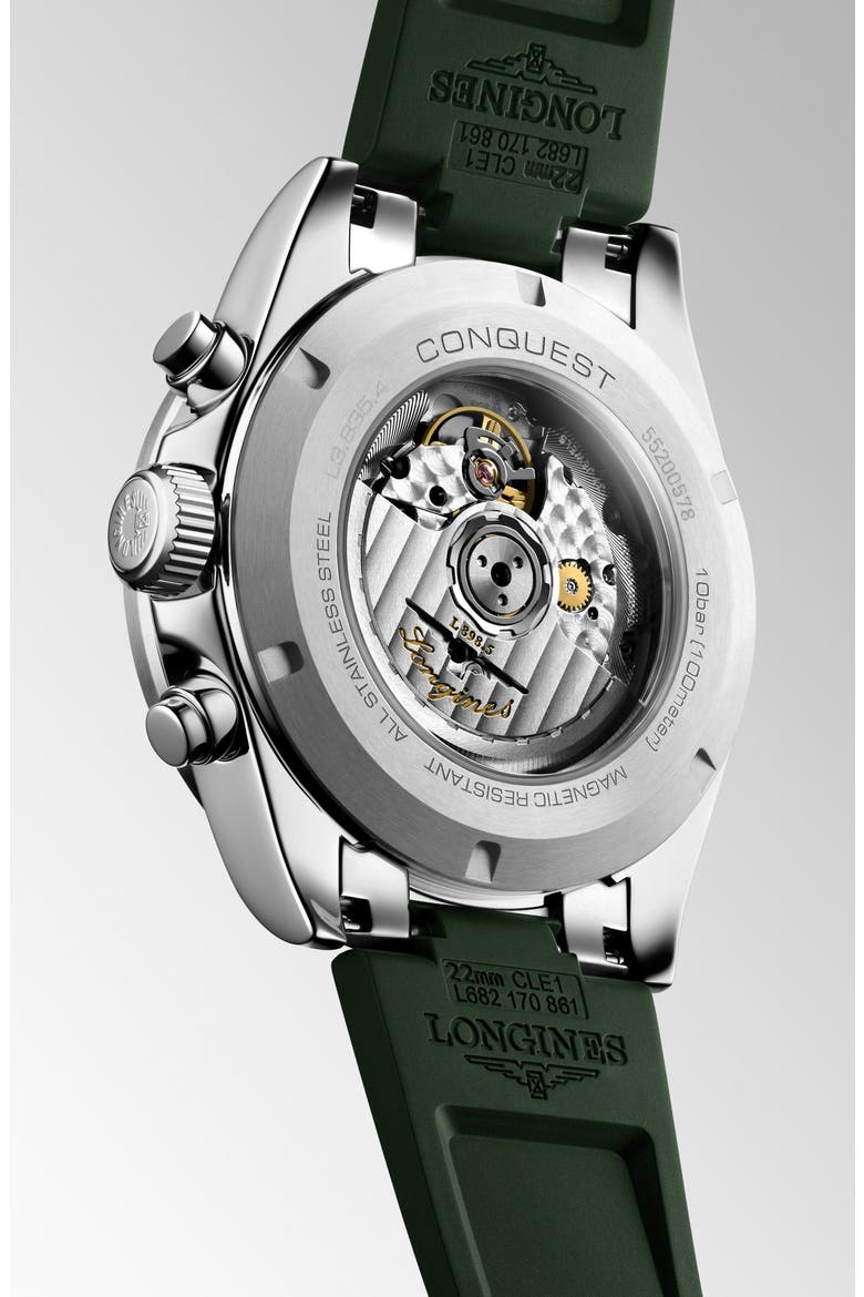 Conquest Automatic Chronograph Rubber Strap Watch, 42mm, Alternate, color, SILVER