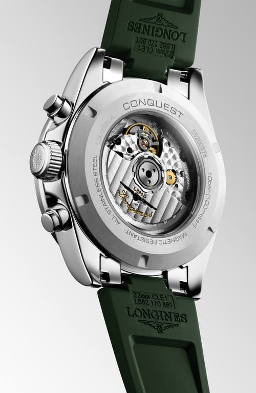 Longines Men's Swiss Automatic Chronograph Conquest Green Rubber Strap Watch 42mm In Silver
