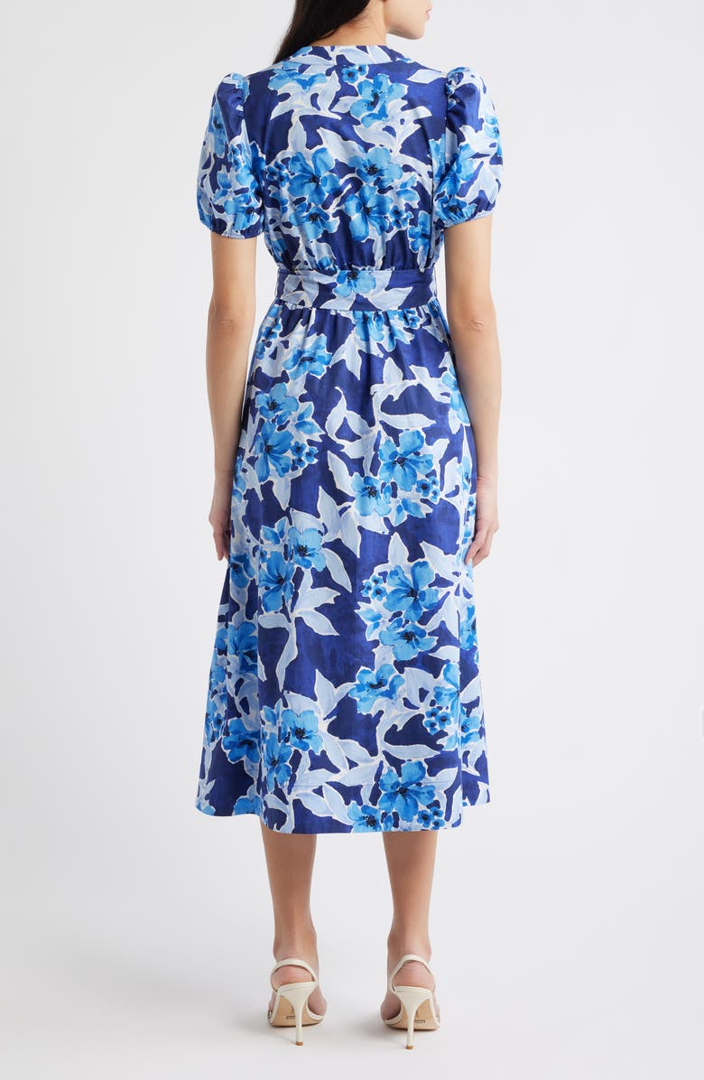 Anne Klein Floral Belted Puff Sleeve Cotton Midi Dress, Alternate, color, Santorini Blue
