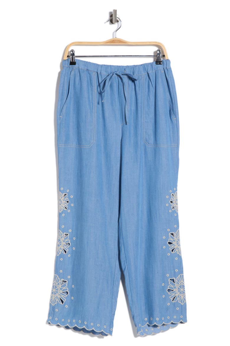 Embroidered Eyelet Chambray Pants, Alternate, color, WASHED DENIM/ CREAM