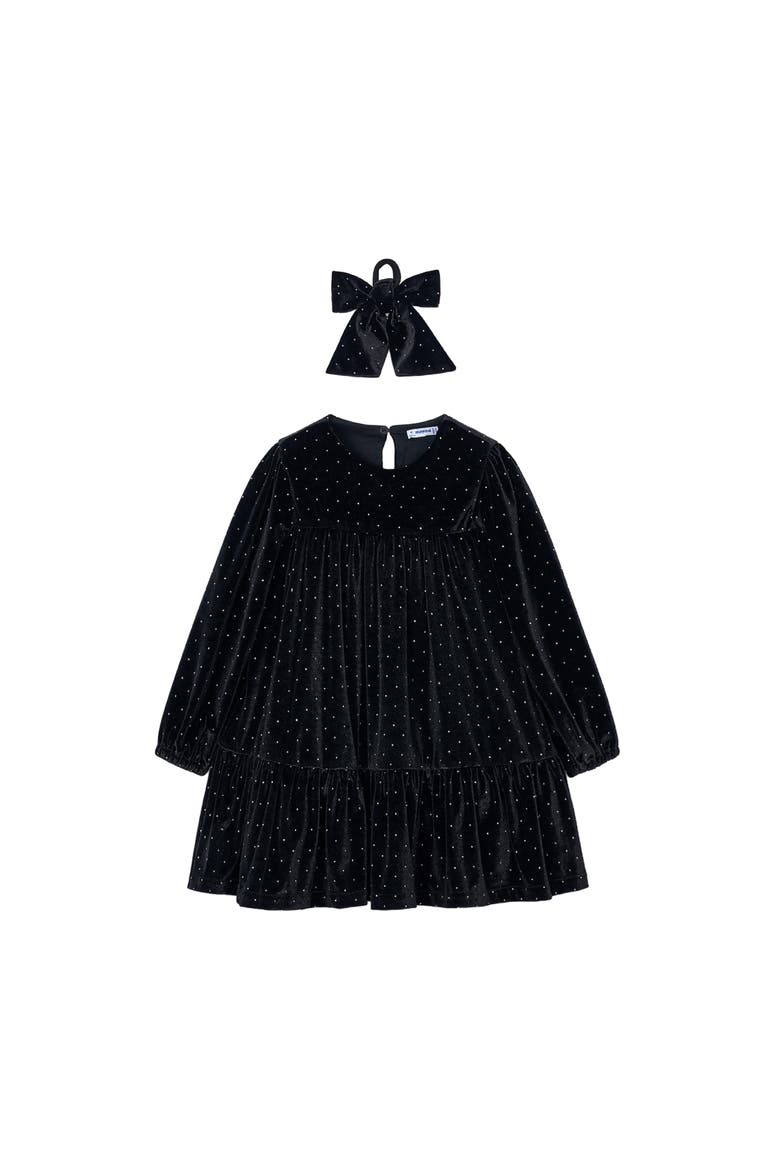 Velvet Rhinestone Dress with Bow Hair Tie, Alternate, color, Navy
