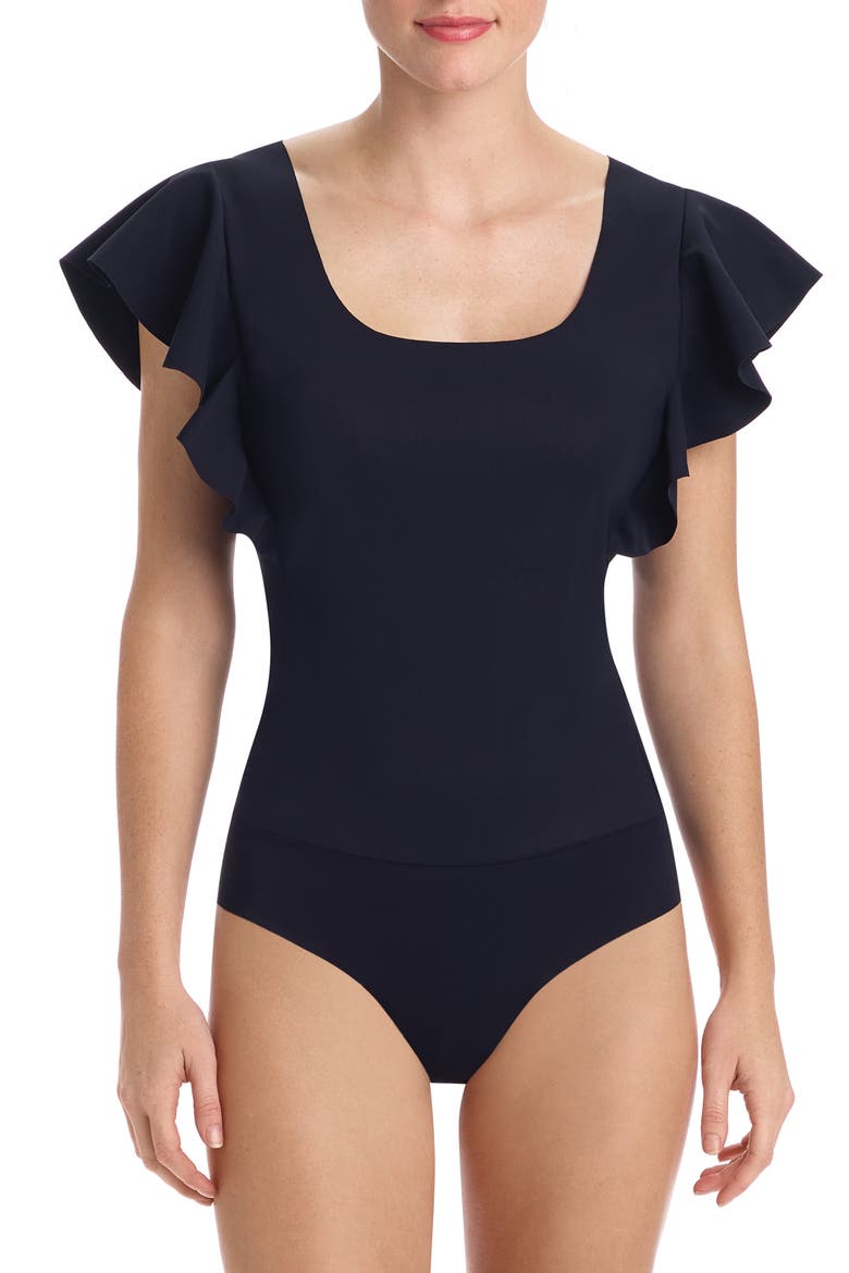 Ruffle Sleeve Bodysuit, Main, color, BLACK