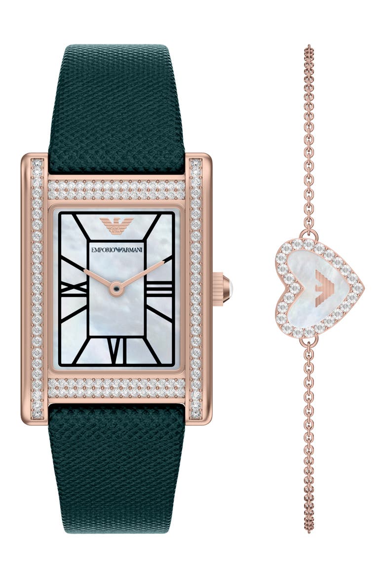 Mother-of-Pearl Tank Leather Strap Watch Set, 22.5mm x 32mm, Main, color, GREEN