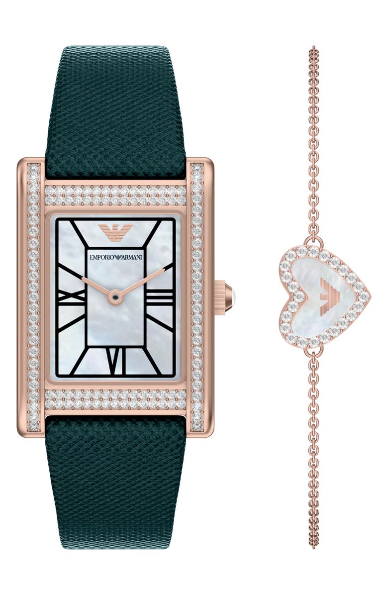 Emporio Armani Mother-of-Pearl Tank Leather Strap Watch Set, 22.5mm x 32mm, Main, color, 