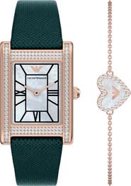 Emporio Armani Mother-of-Pearl Tank Leather Strap Watch Set, 22.5mm x 32mm