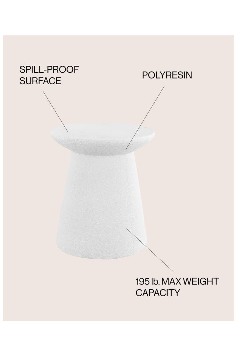 Hollie Minimalist Frosted Polyresin Indoor/Outdoor Accent Table, All-Weather Textured Round Pedestal Side Table & Stool, Alternate, color, White Frosted
