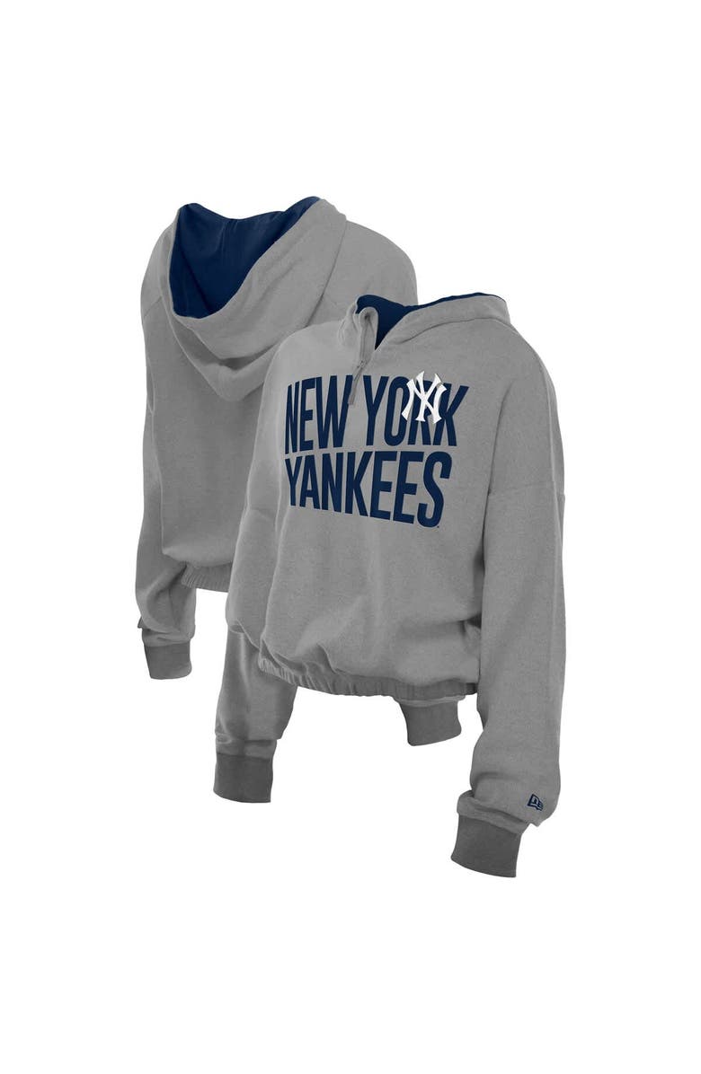 New Era Women's New Era  Heather Gray New York Yankees Reversed Out French Terry Quarter-Zip Banded Crop Hoodie, Main, color, Heather Gray