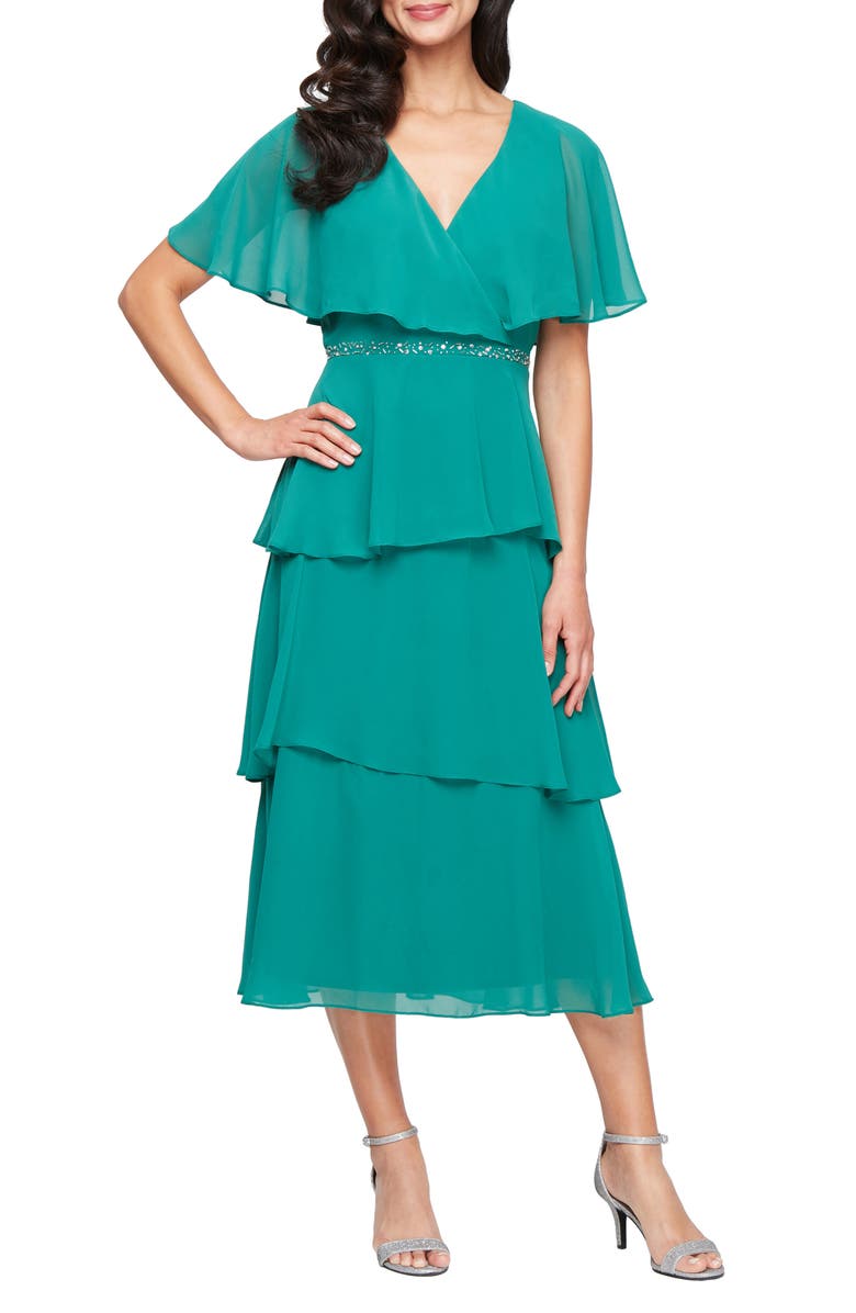 SL FASHIONS Capelet Tiered Chiffon Dress, Main, color, 