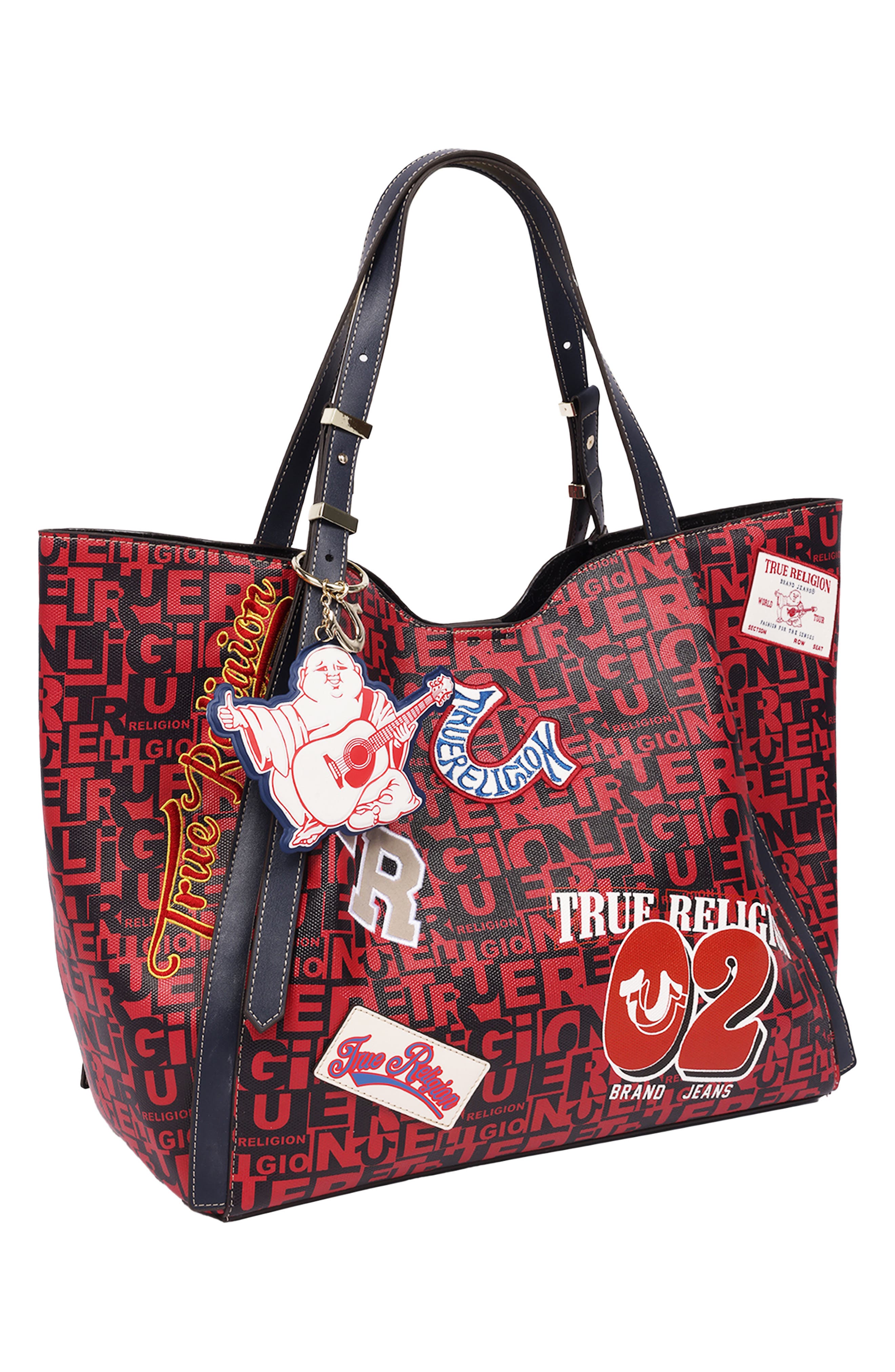 Multi Patch Faux Leather Graphic Tote, Alternate, color, RED