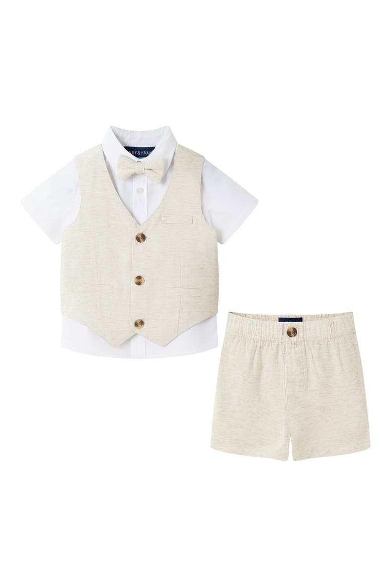 Short Sleeve Button-Up Shirt, Vest, Shorts & Bow Tie Set, Main, color, BEIGE