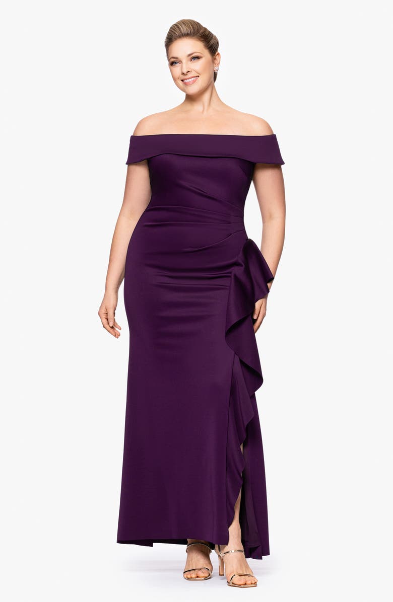 Xscape Evenings Ruffle Off the Shoulder Scuba Knit Cocktail Dress, Alternate, color, Plum