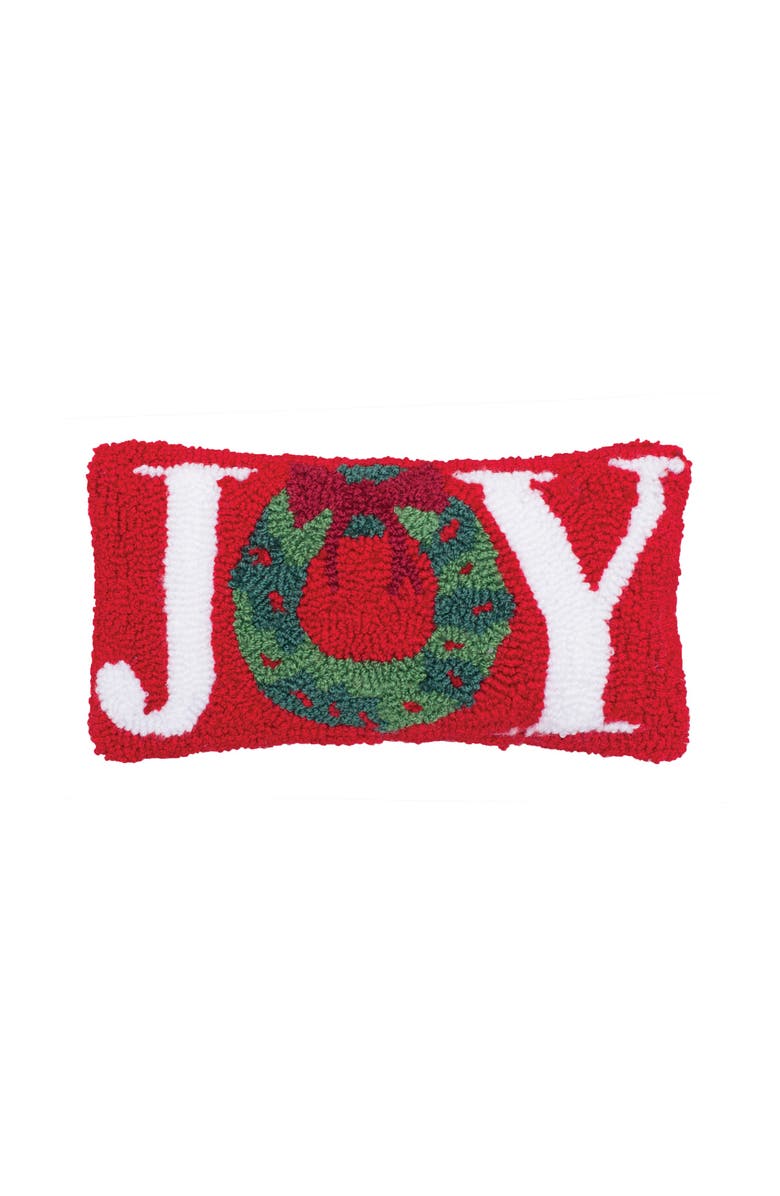 C&F Home Christmas "Joy" Wreath Small/Petite Hooked Accent Pillow, 6" x 12", Main, color, Red