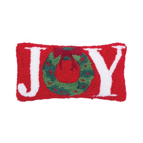 Christmas "Joy" Wreath Small/Petite Hooked Accent Pillow, 6" x 12"