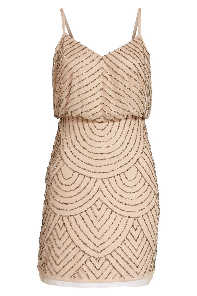 Sequin Mesh Blouson Dress, Alternate, color, TAUPE/ PINK