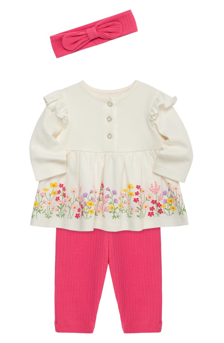 Little Me Floral Border Print Top, Leggings & Headband Set, Alternate, color, White/ Pink