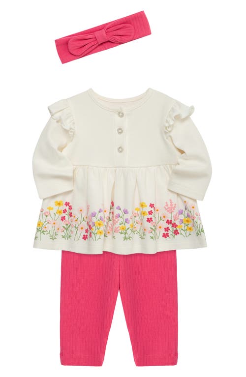 Little Me Floral Border Print Top, Leggings & Headband Set In White