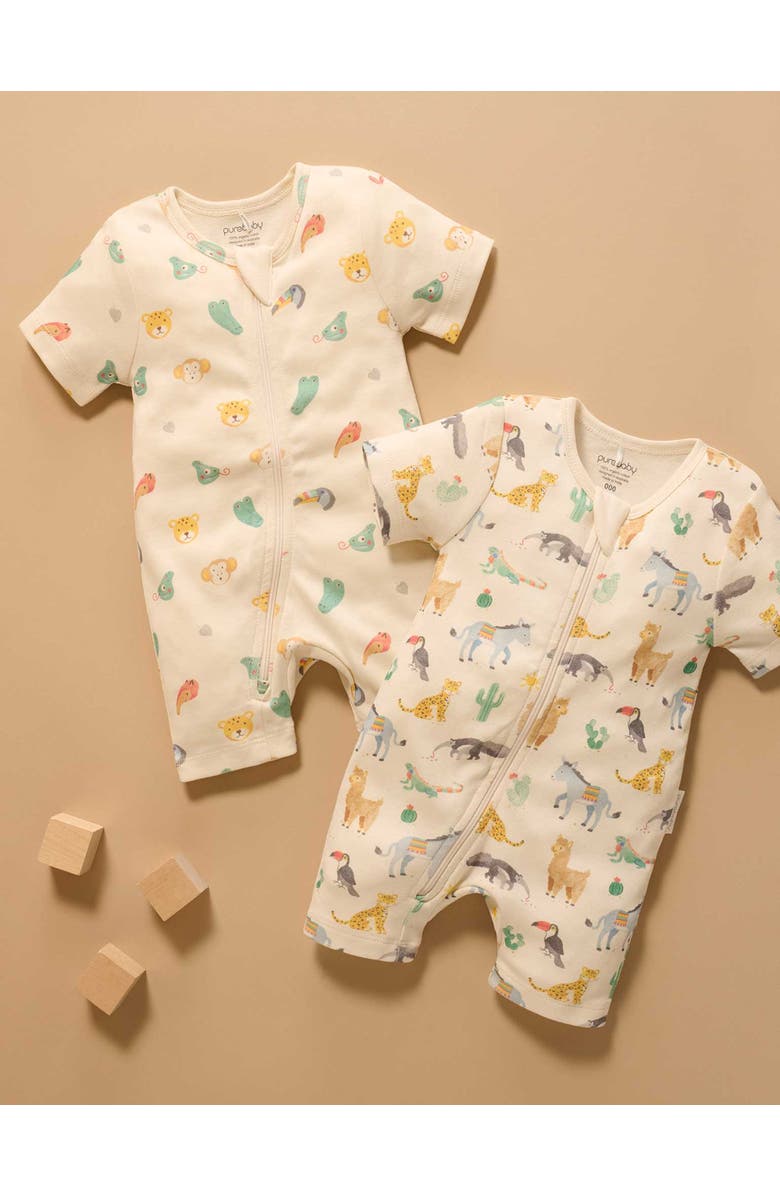 Purebaby 2 Pack Short Sleeve Zip Romper Animal, Alternate, color, Fiesta Heads Print