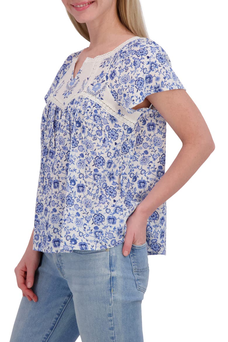 Floral Lace Trim Cotton Babydoll Top, Alternate, color, BLUE MULTI