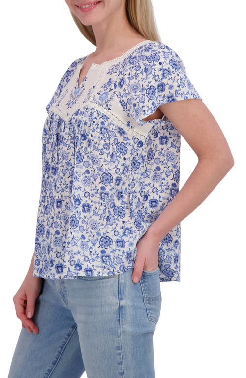 Lucky Brand Floral Lace Trim Cotton Babydoll Top In Blue Multi