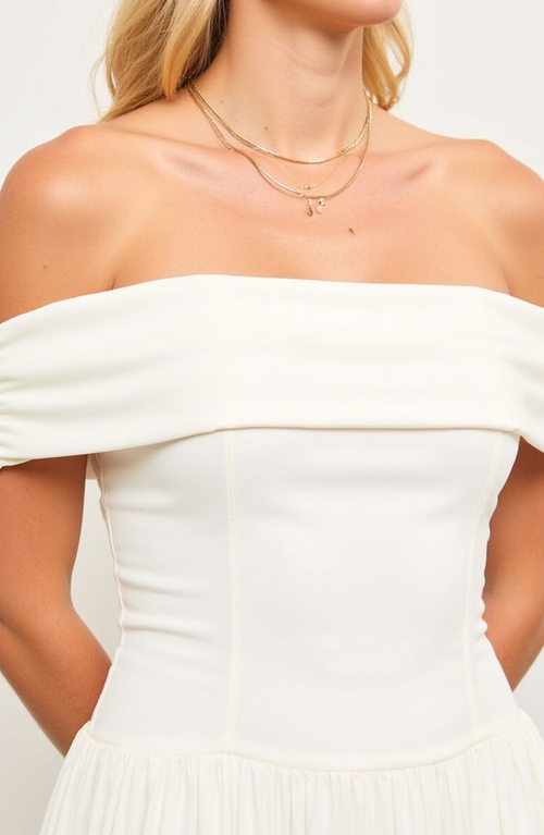 Modenaire Off-shoulder Ruched Bodice Mini Dress With Flowy Skirt In White