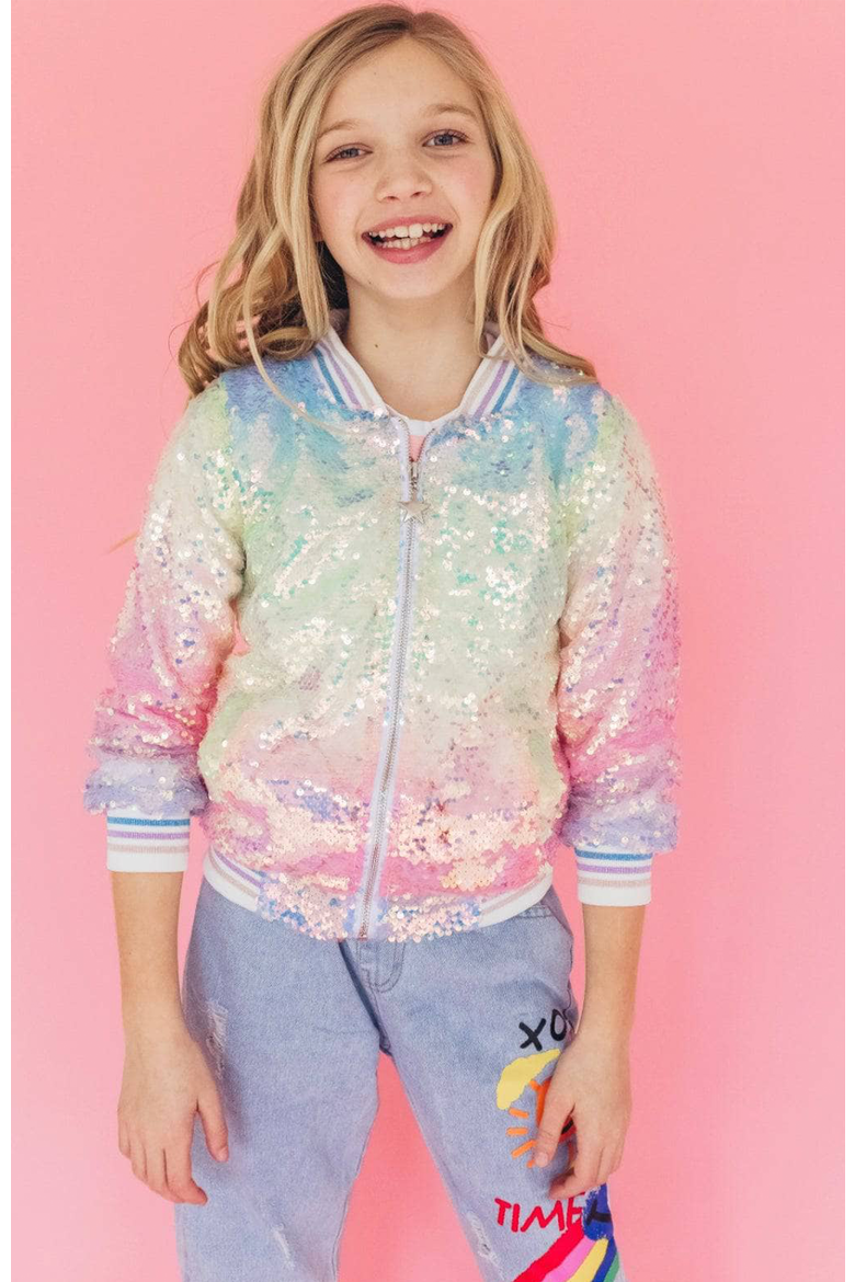 Kids' Icy Ombré Sequin Bomber Jacket, Main, color, PINK/ TEAL MULTI