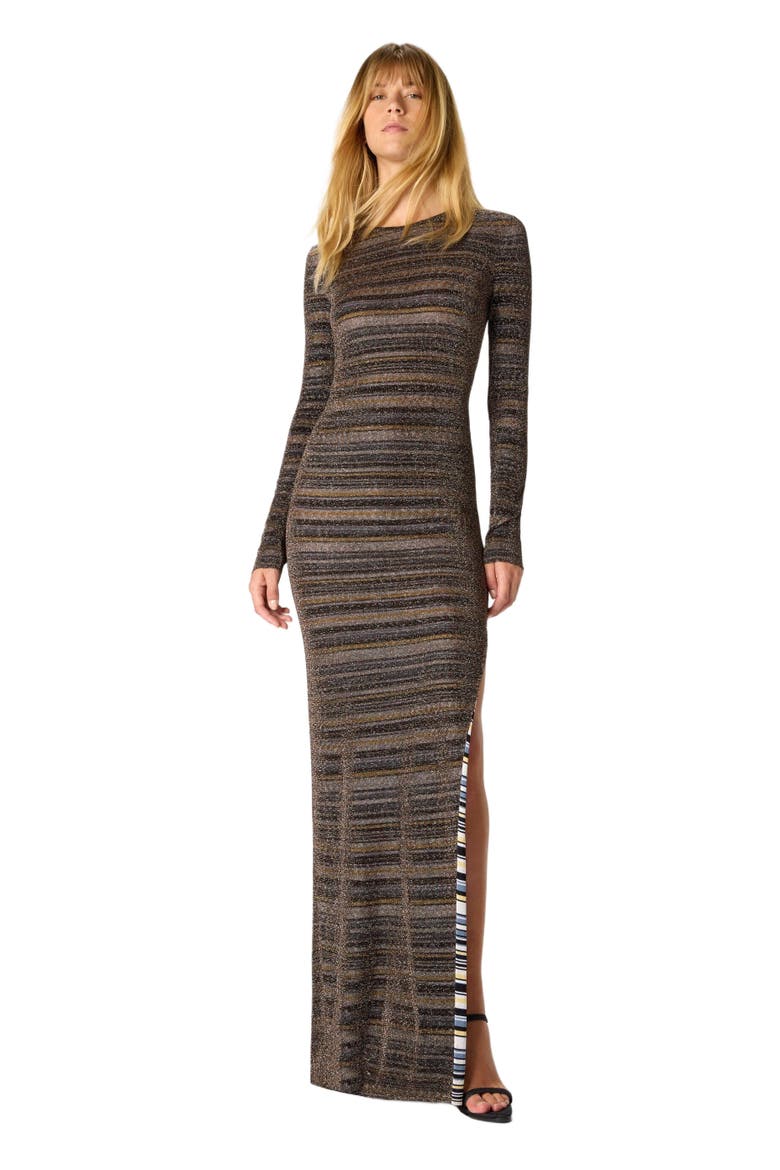 Long Dress In Striped Viscose Lamé With Slit, Main, color, Gold& Beige