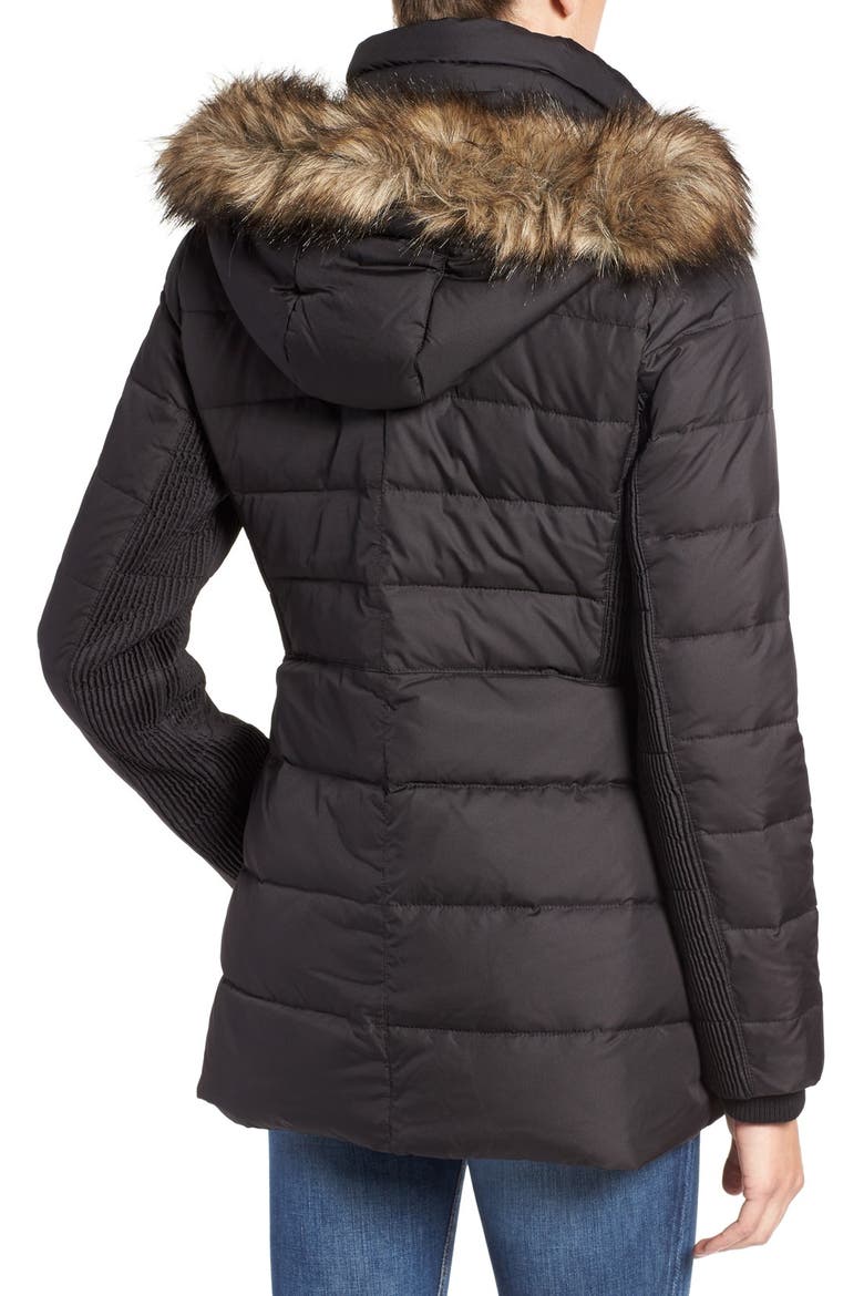 Hooded Down & Feather Fill Coat with Faux Fur Trim, Alternate, color, BLACK