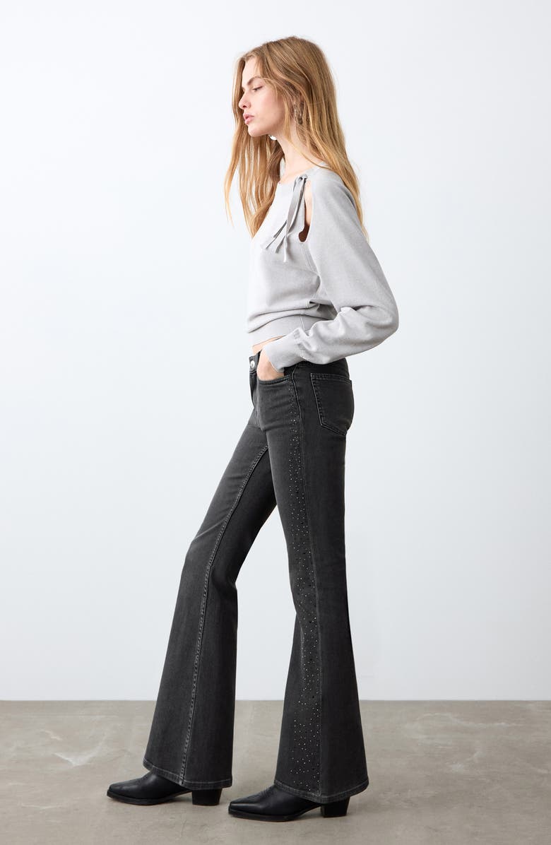 MANGO TEEN Rhinestone Embellished Low Rise Flare Jeans, Alternate, color, Black Denim