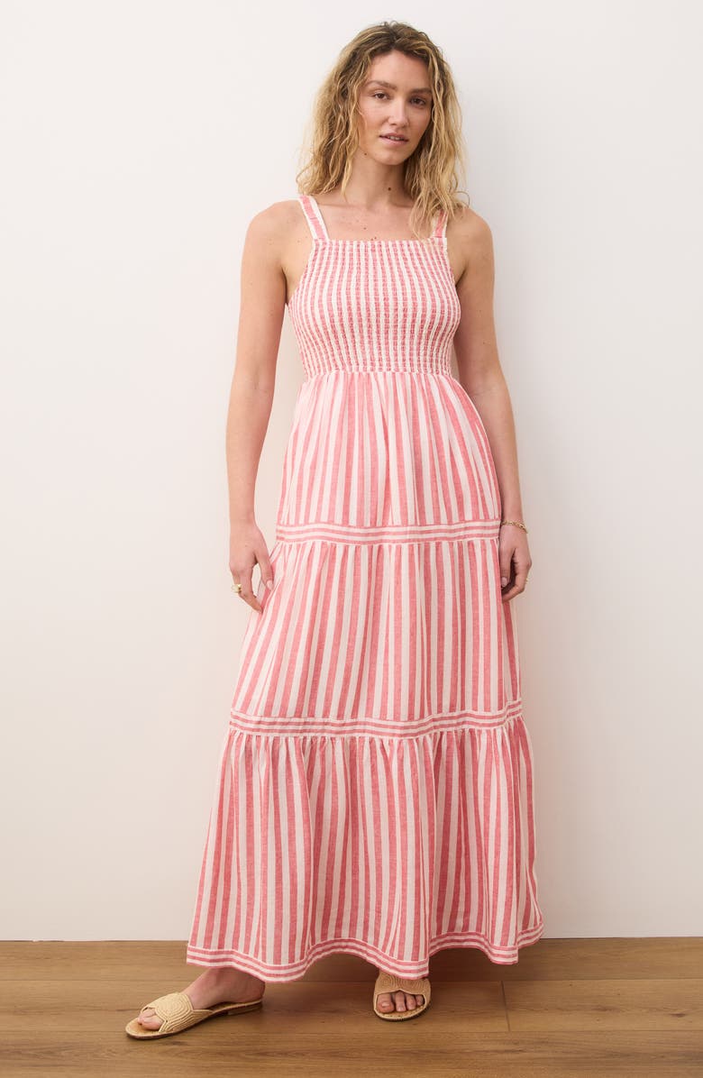 Marine Layer Selene Stripe Smocked Tiered Maxi Sundress, Alternate, color, Hibiscus Stripe