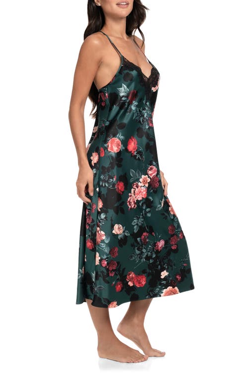 In Bloom By Jonquil Lace Trim Stretch Satin Nightgown In Forest Green