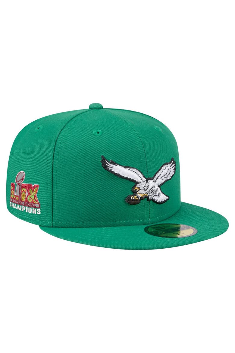 Men's New Era Kelly Green Philadelphia Eagles Super Bowl LIX Champions Historic Side Patch 59FIFTY Fitted Hat, Main, color, Kelly Green