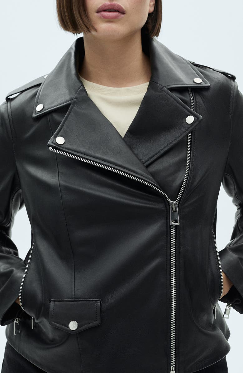 MANGO Leather Biker Jacket, Alternate, color, Black