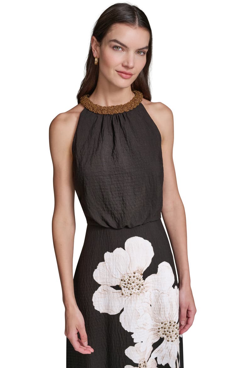 Placed Floral Bead Collar Detail Sleeveless Midi Dress, Alternate, color, MIDNIGHT MULTI