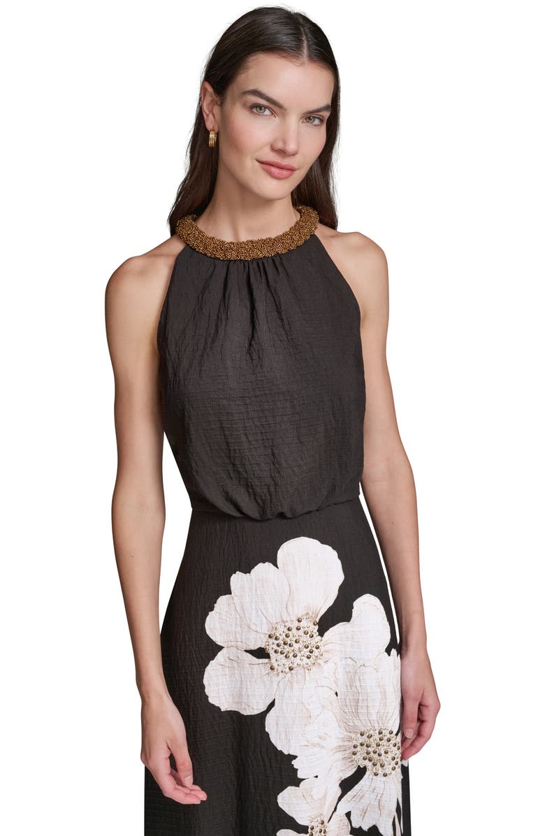 KARL LAGERFELD PARIS Placed Floral Bead Collar Detail Sleeveless Midi Dress, Alternate, color, Midnight Multi