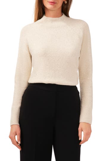 Halogen Sequin Mock Neck Sweater In Flax