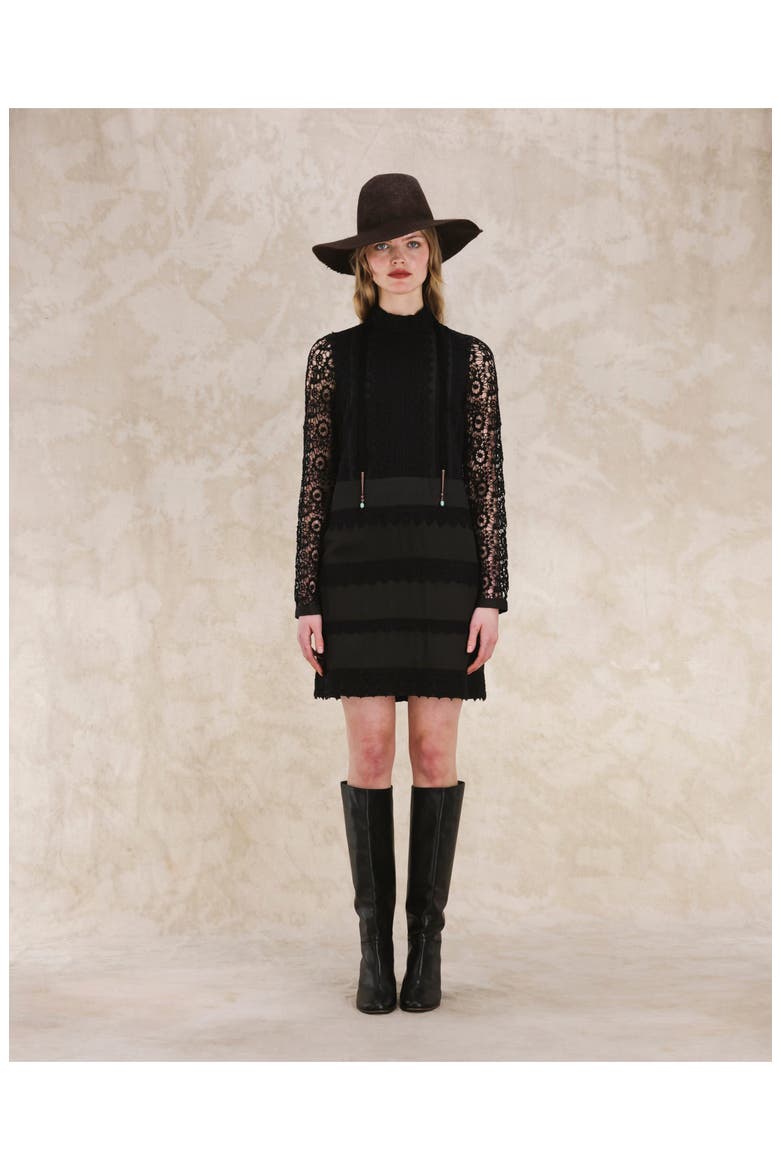 Crochet Satin Mini Dress, Alternate, color, Black