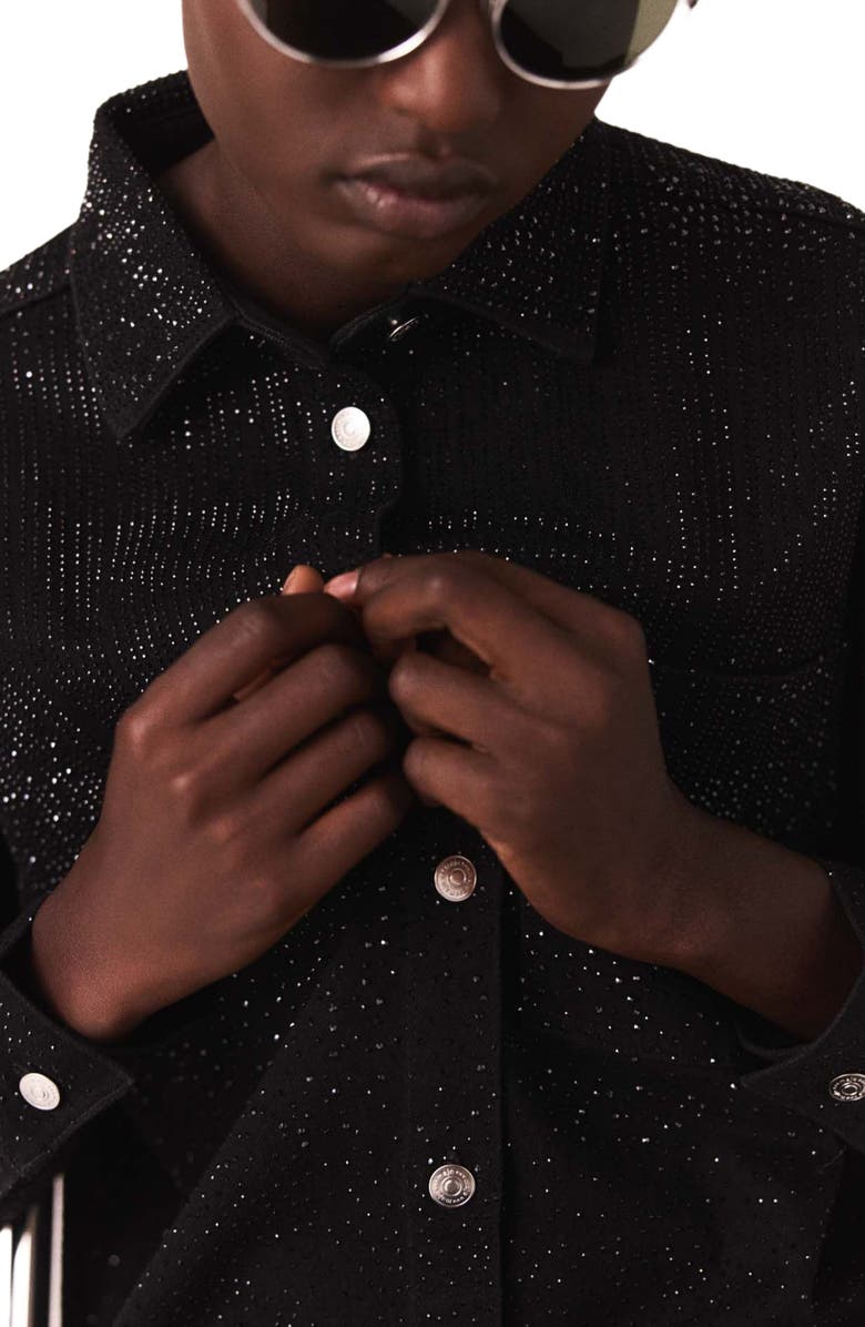 maje Rhinestone denim shirt, Alternate, color, Black