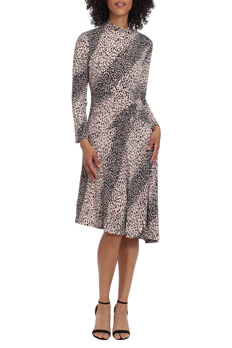 Mock Neck Drape Front Long Sleeve Asymmetric Dress, Main, color, IVORY/ BLACK
