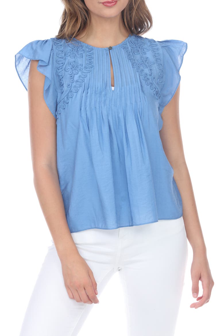 Embroidered Flutter Sleeve Top, Main, color, BLUE