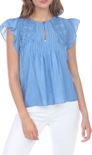 RAIN AND ROSE Embroidered Flutter Sleeve Top