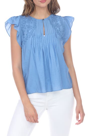 RAIN AND ROSE RAIN AND ROSE EMBROIDERED FLUTTER SLEEVE TOP 