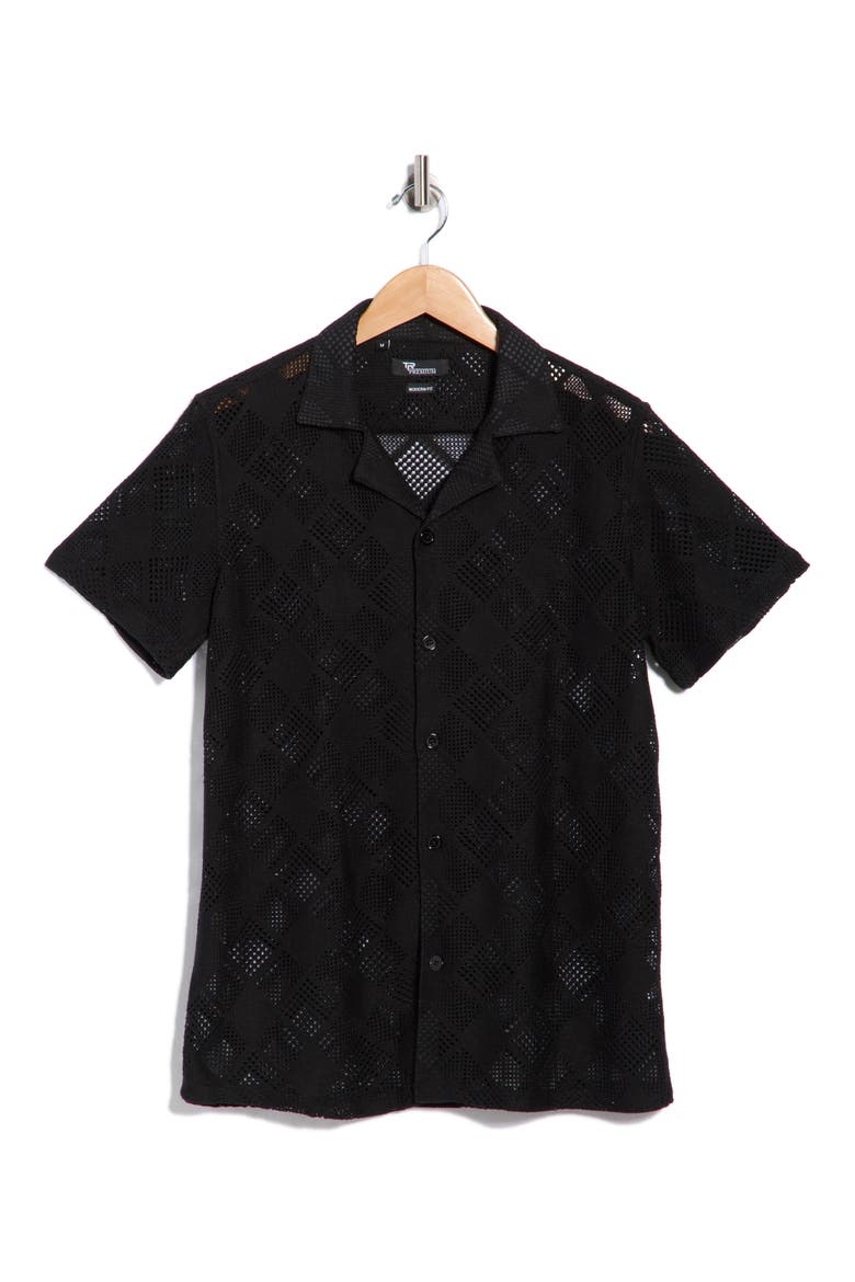 Modern Fit Textured Camp Shirt, Alternate, color, BLACK