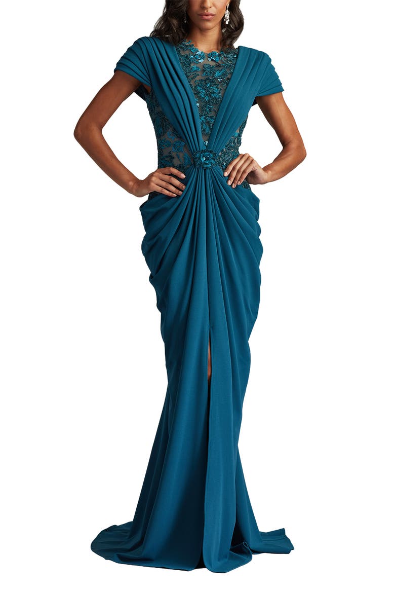 Pleated Lace Gown, Alternate, color, CERULEAN