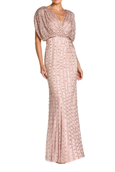 Beaded Mesh Blouson V Neck Column Gown