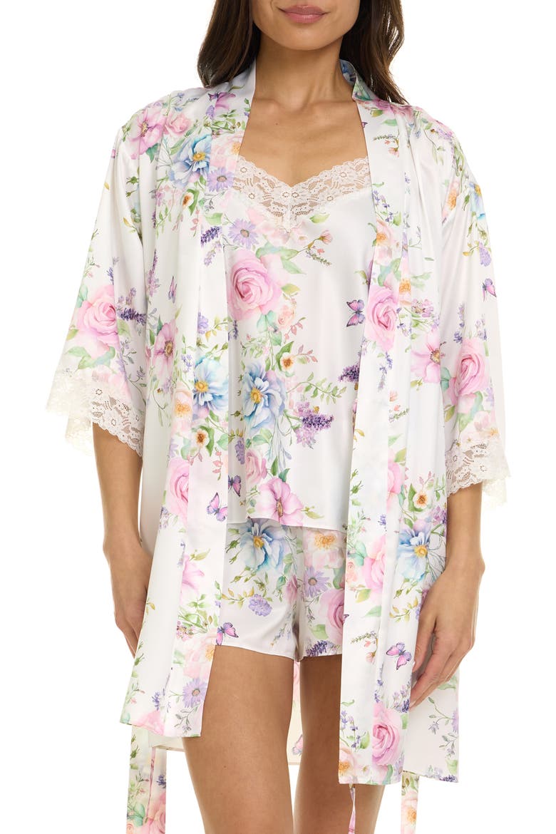 Sabrina Floral Print Satin Short Pajamas & Robe Set, Main, color, PEARL