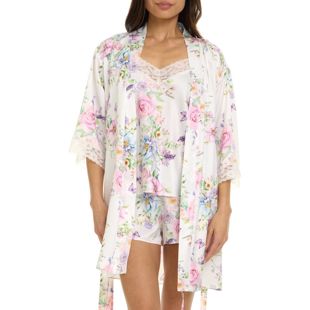 Flora Nikrooz Sabrina Floral Print Satin Short Pajamas & Robe Set in Pearl at Nordstrom, Size X-Small