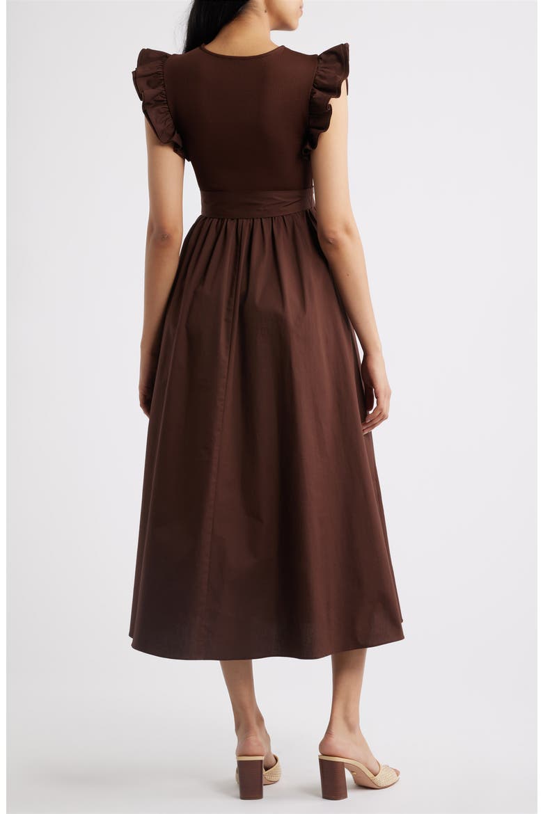 Ruffle Mixed Media Midi Dress, Alternate, color, DARK CHOCOLATE