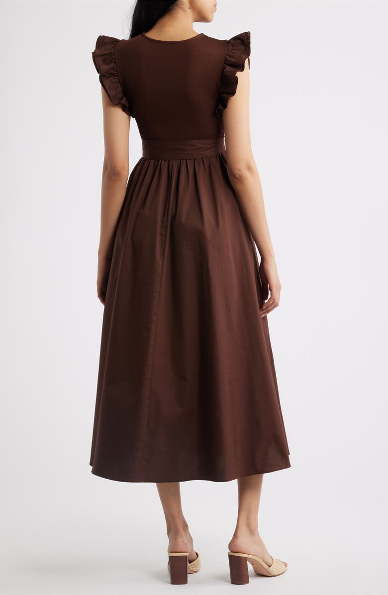 Anne Klein Ruffle Mixed Media Midi Dress, Alternate, color, Dark Chocolate